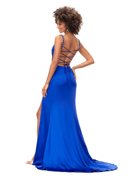 ASHLEYlauren 11298 Ruched Satin Gown with Lace Up Back