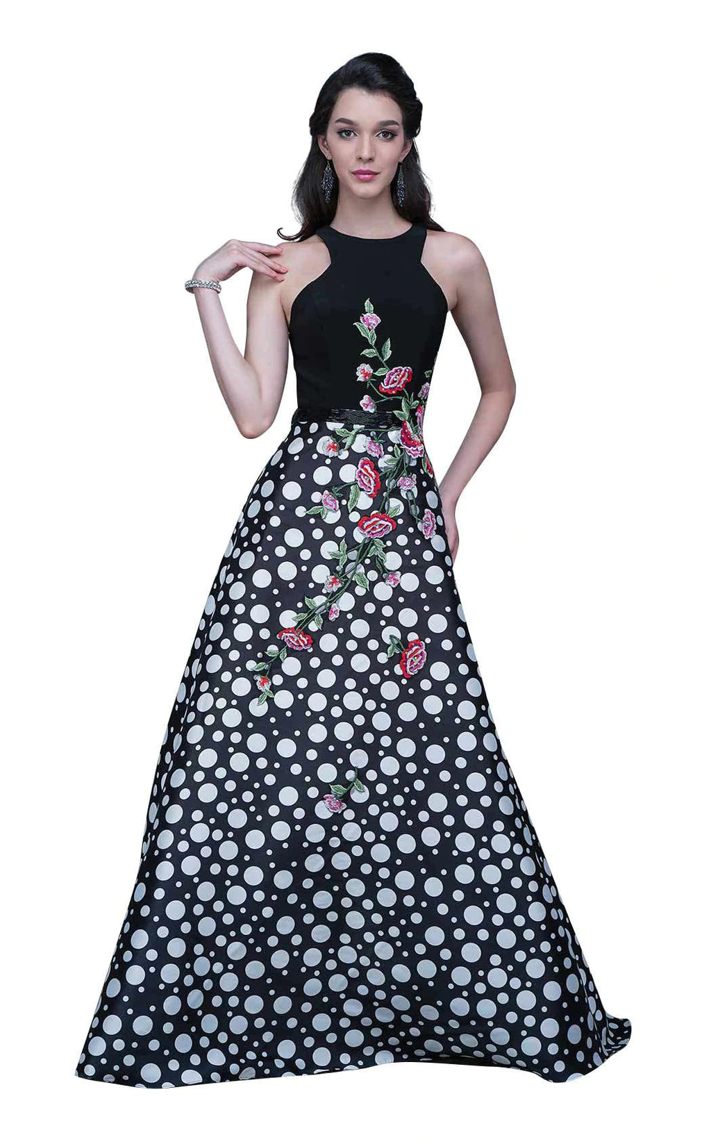 Nina Canacci 1358 A line prom dress polka dots and roses evening gown