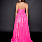 Nina Canacci 1542 Fuchsia Prom Dress  This is a two piece prom ballgown with sweetheart neckline with spaghetti straps on the cropped top.  It has a high waisted floor length A Line skirt with a wide waistband.