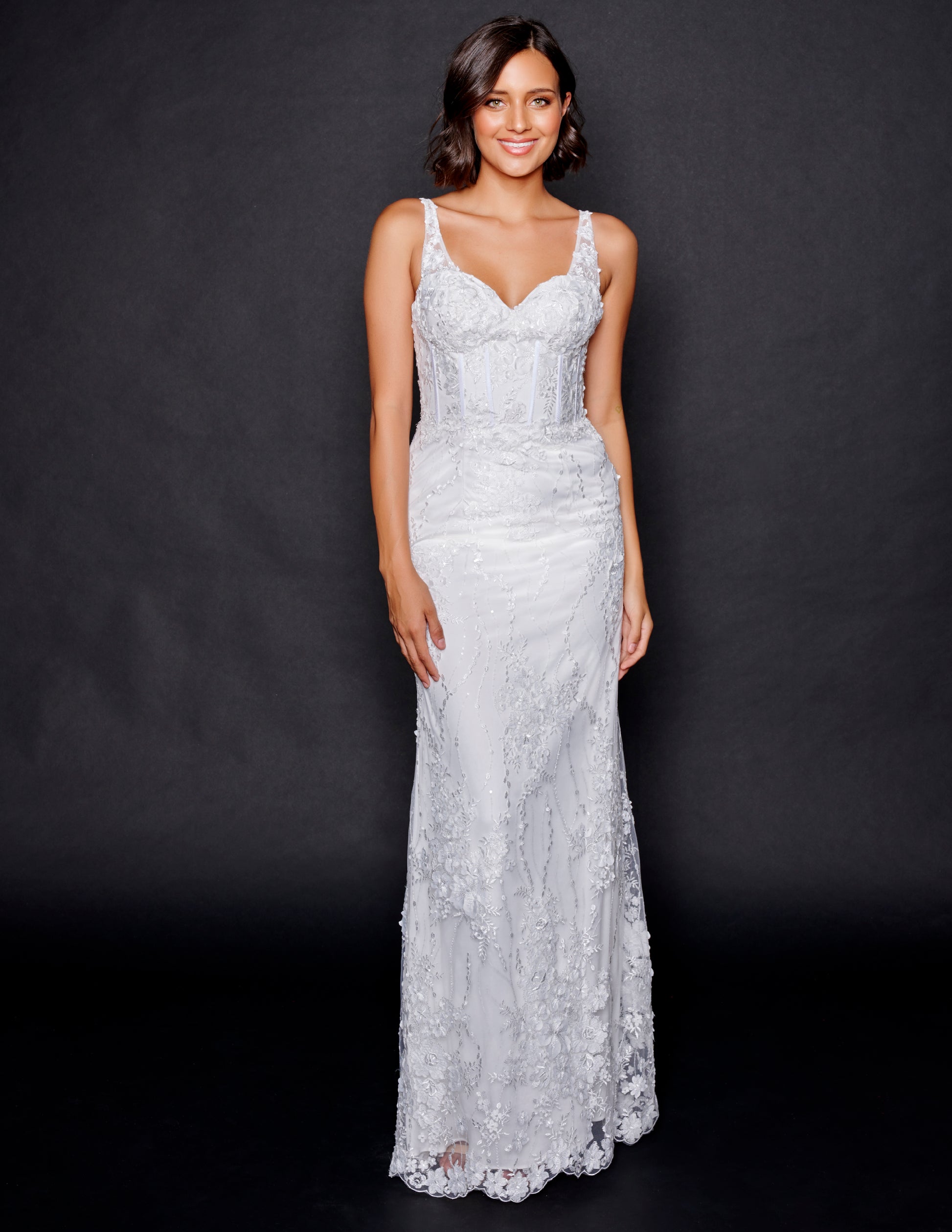 Nina Canacci 2345 Ivory Wedding Dress Lace Fitted Sweetheart Neckline Wide Straps Scalloped Lace Hemline.  Color:  Ivory