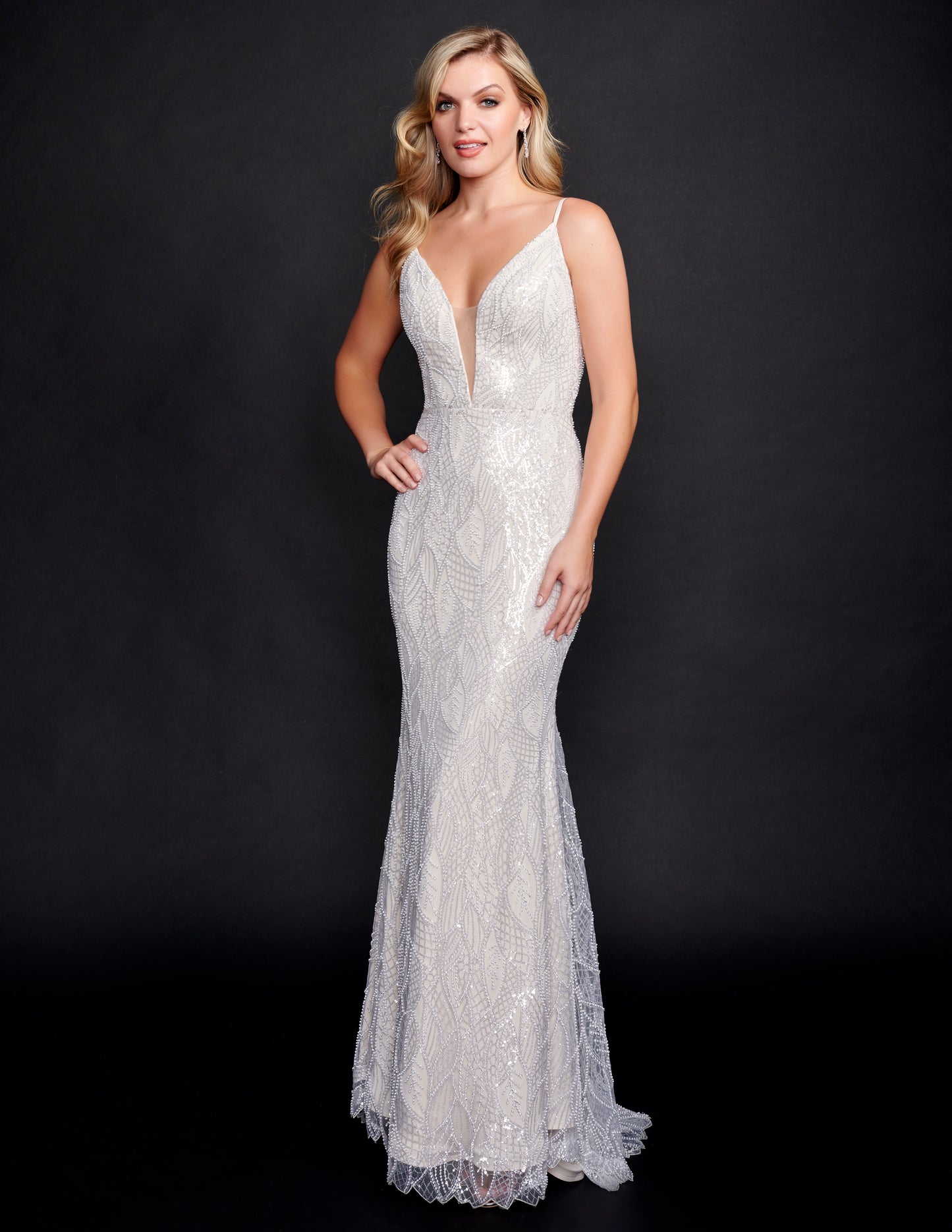 Nina Canacci 2346 Ivory Wedding Dress Pearl Embellished Fitted Plunging Neckline  Color:  Ivory Nude