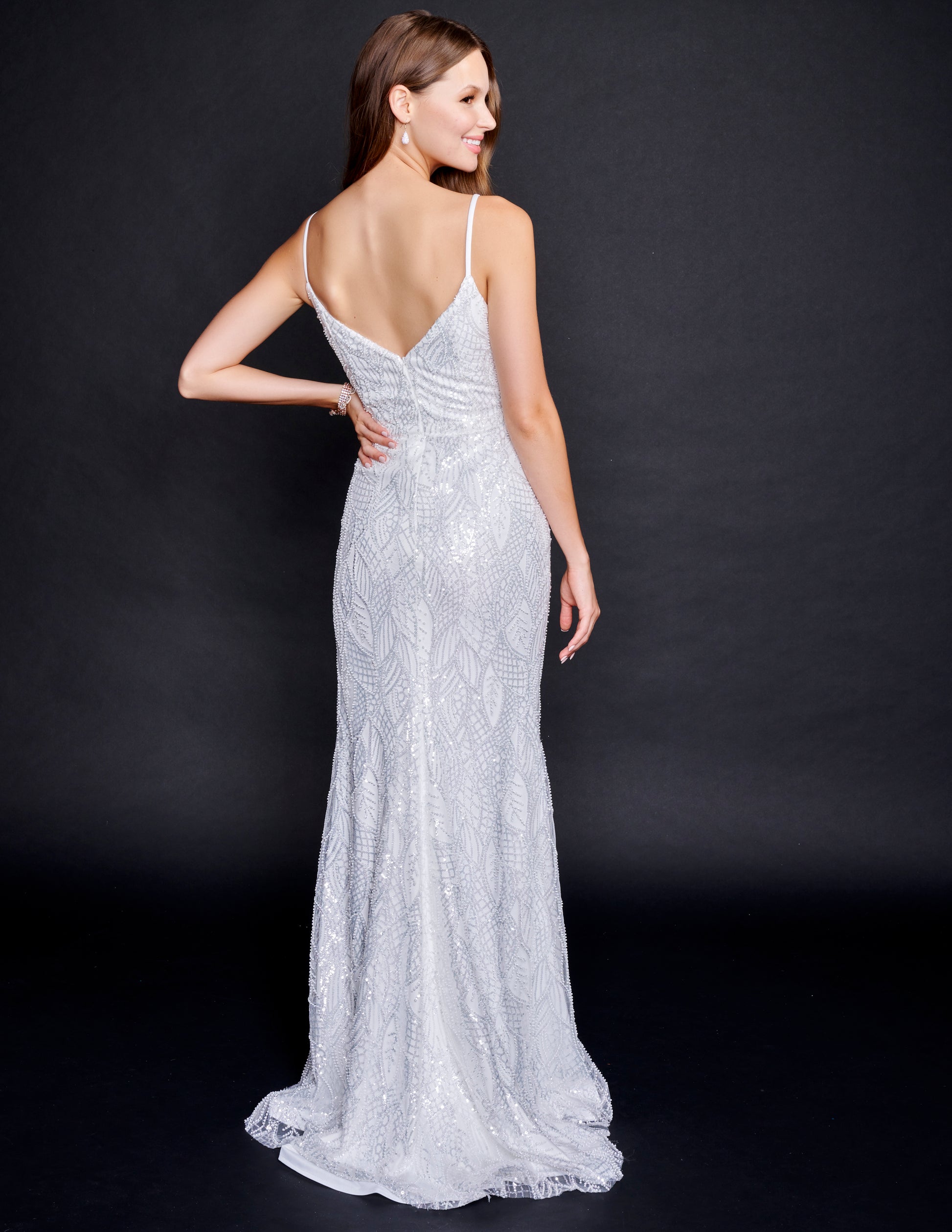 Nina Canacci 2346 Ivory Wedding Dress Pearl Embellished Fitted Plunging Neckline  Color:  Ivory