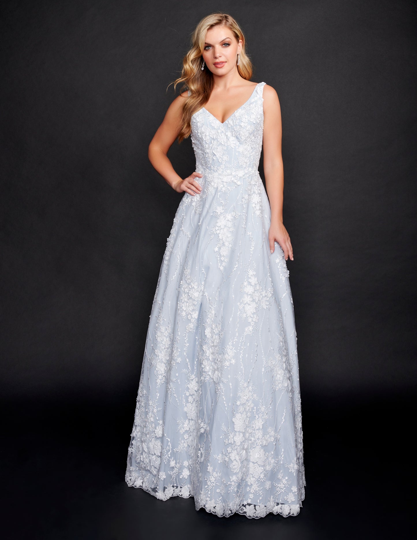 Nina Canacci 2348 Wedding Dress 3D Flowered Lace Ivory or Ivory Blue V neckline A Line Bridal Gown  Colors:  Ivory