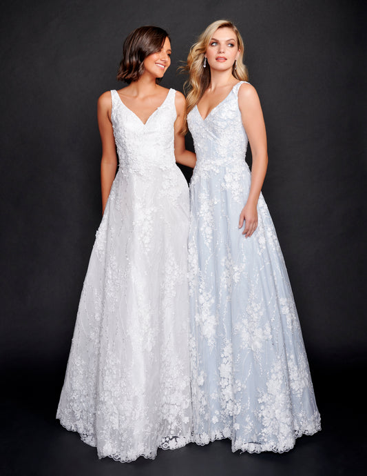 Nina Canacci 2348 Wedding Dress 3D Flowered Lace Ivory or Ivory Blue V neckline A Line Bridal Gown  