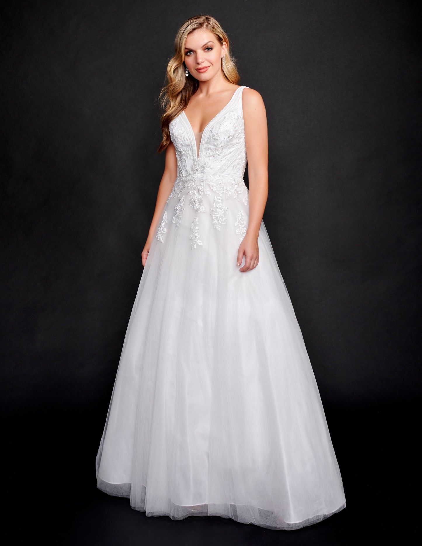 Nina Canacci 2349 Ivory Wedding Dress Embellished Lace A Line Ballgown Trimmed V Neckline