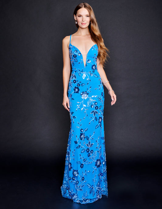 Nina Canacci 2368 Prom Dress Fitted Sheath Evening Gown Plunging Neckline Corset Backless Turquoise