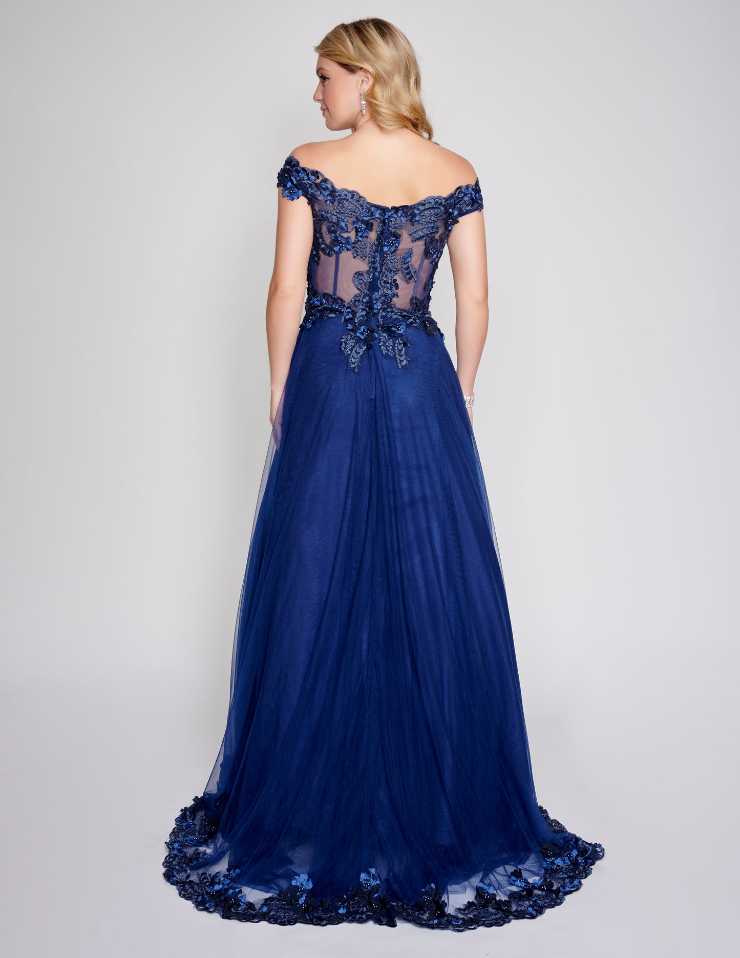 Nina Canacci 2369 Off the Shoulder Wedding Dress Prom Gown Lace Hem 3D Floral Appliques Top Sheer Lace Corset Back