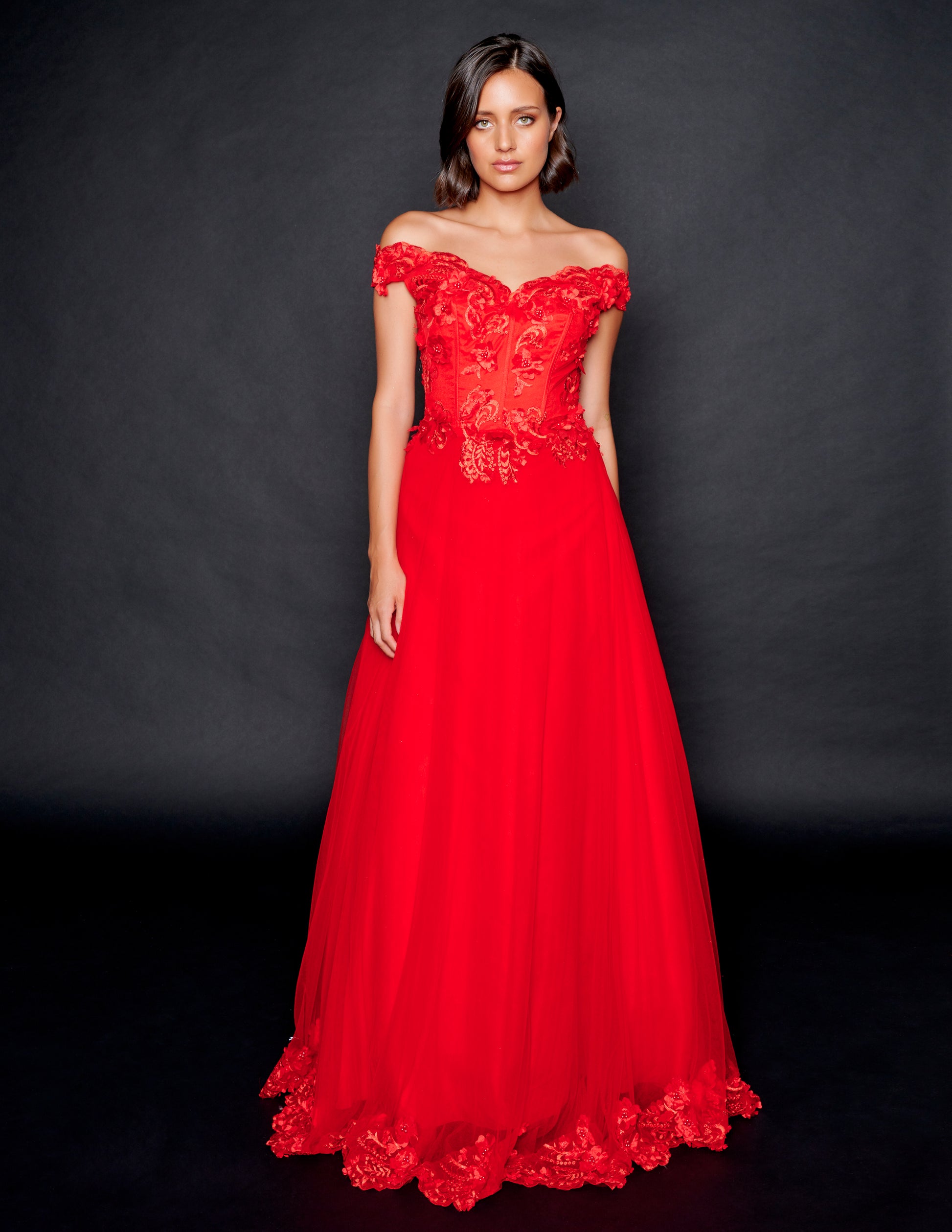 Nina Canacci 2369 Off the Shoulder Wedding Dress Prom Gown Lace Hem 3D Floral Appliques Top Sheer Lace Corset Back