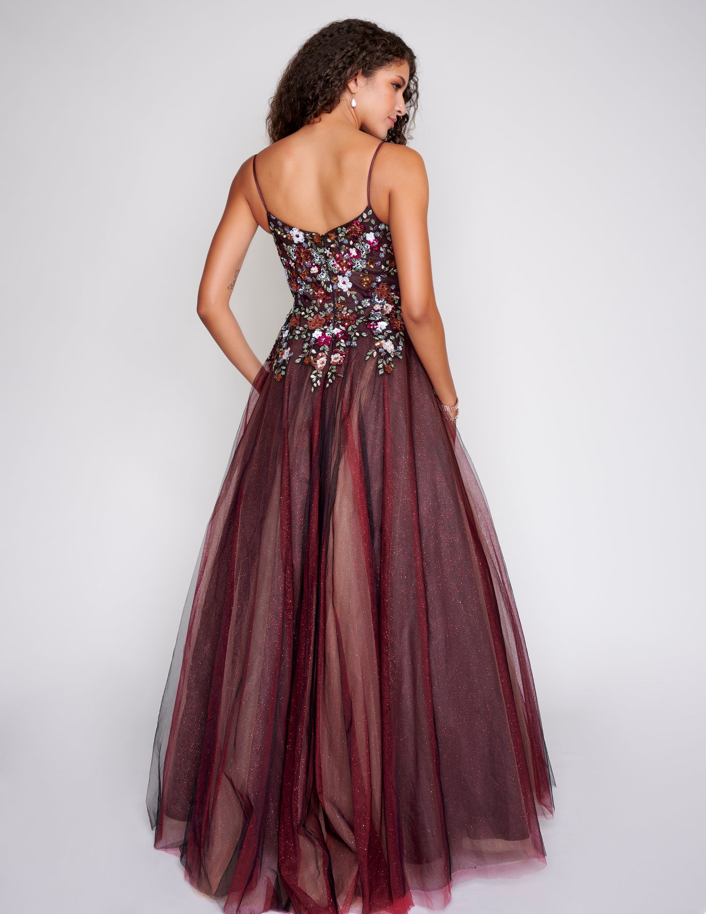 Nina Canacci 3206 Multi Colored Prom Dress Sequined Flower Top Tulle Ballgown Skirt  Colors:  Black Purple Multi, Black Red Multi