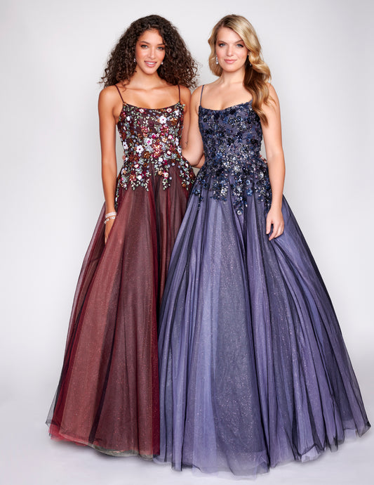 Nina Canacci 3206 Multi Colored Prom Dress Sequined Flower Top Tulle Ballgown Skirt  Colors:  Black Purple Multi, Black Red MultiElevate your evening with the Nina Canacci 3206 A Line Shimmer Lace Prom Dress. The tulle ball gown boasts a flattering A-line silhouette, scoop neck, and shimmer lace accents. Exude elegance and grace at your next formal event. Nina Canacci 3206 Multi Colored Prom Dress Sequined Flower Top Tulle Ballgown Skirt