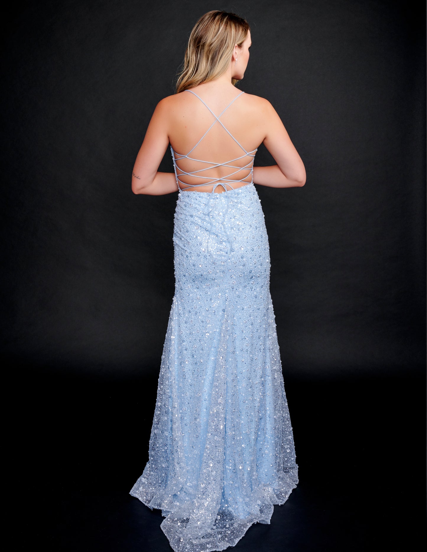Nina Canacci 3219 Lace Prom Dress Sequins 3D Flowers V Neckline Corset Back Slit