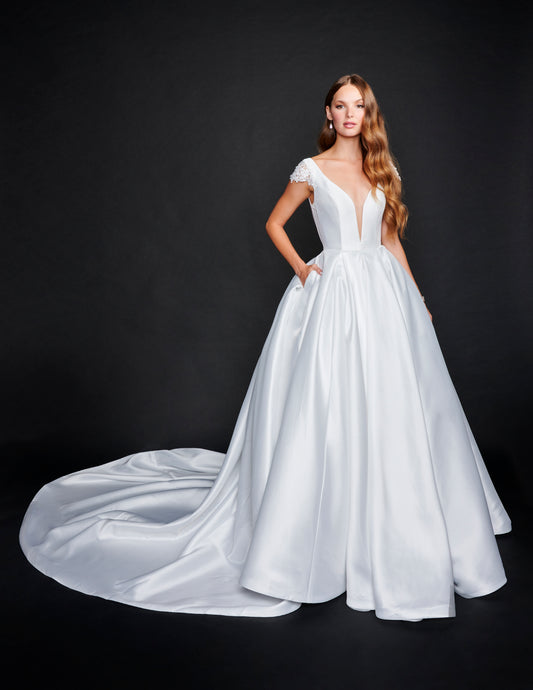 Nina Canacci 3220 Cap Sleeves Wedding Dress Cathedral Train Ballgown V Neckline Ivory