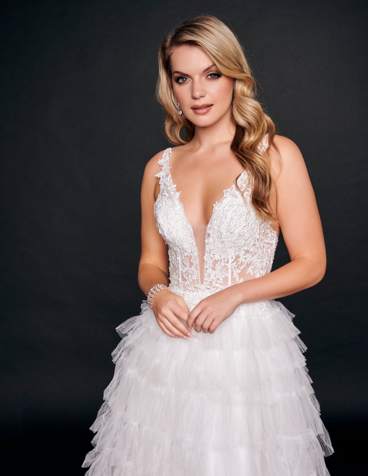Nina Canacci 3226  Ivory Layered Wedding Dress Lace Top Sheer Long Ruffles Bridal Gown