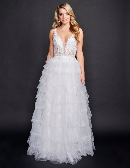 Nina Canacci 3226  Ivory Layered Wedding Dress Lace Top Sheer Long Ruffles Bridal Gown