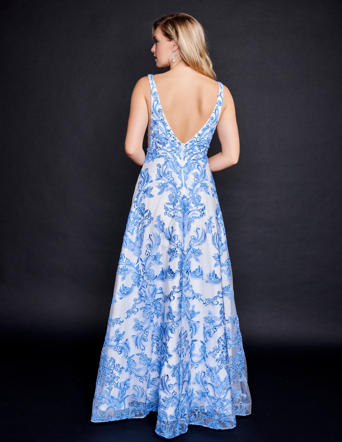 Nina Canacci 3227 Ivory Lace Wedding Dress A Line Plunging V Neckline Sheer Panels Blue Lace
