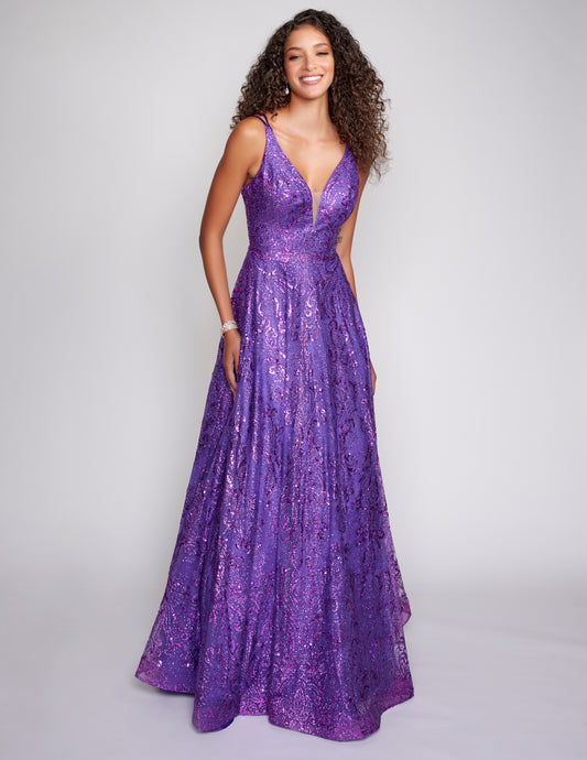 Nina Canacci 4301 Sparkle Prom Dress A Line V Neckline Lace Up Corset Back Pageant Dress Grape Purple