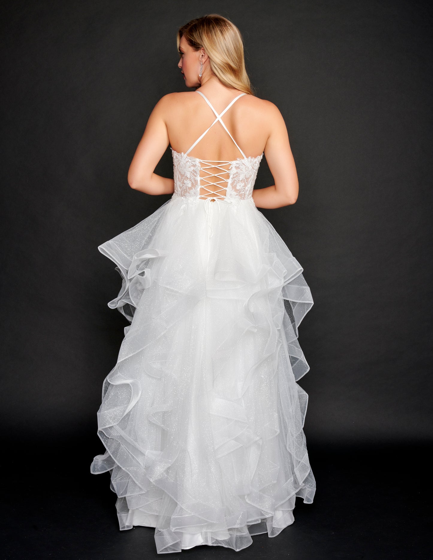 Nina Canacci 4303 Ivory Ruffled Prom Dress Ballgown V neckline sparkle corset back lace