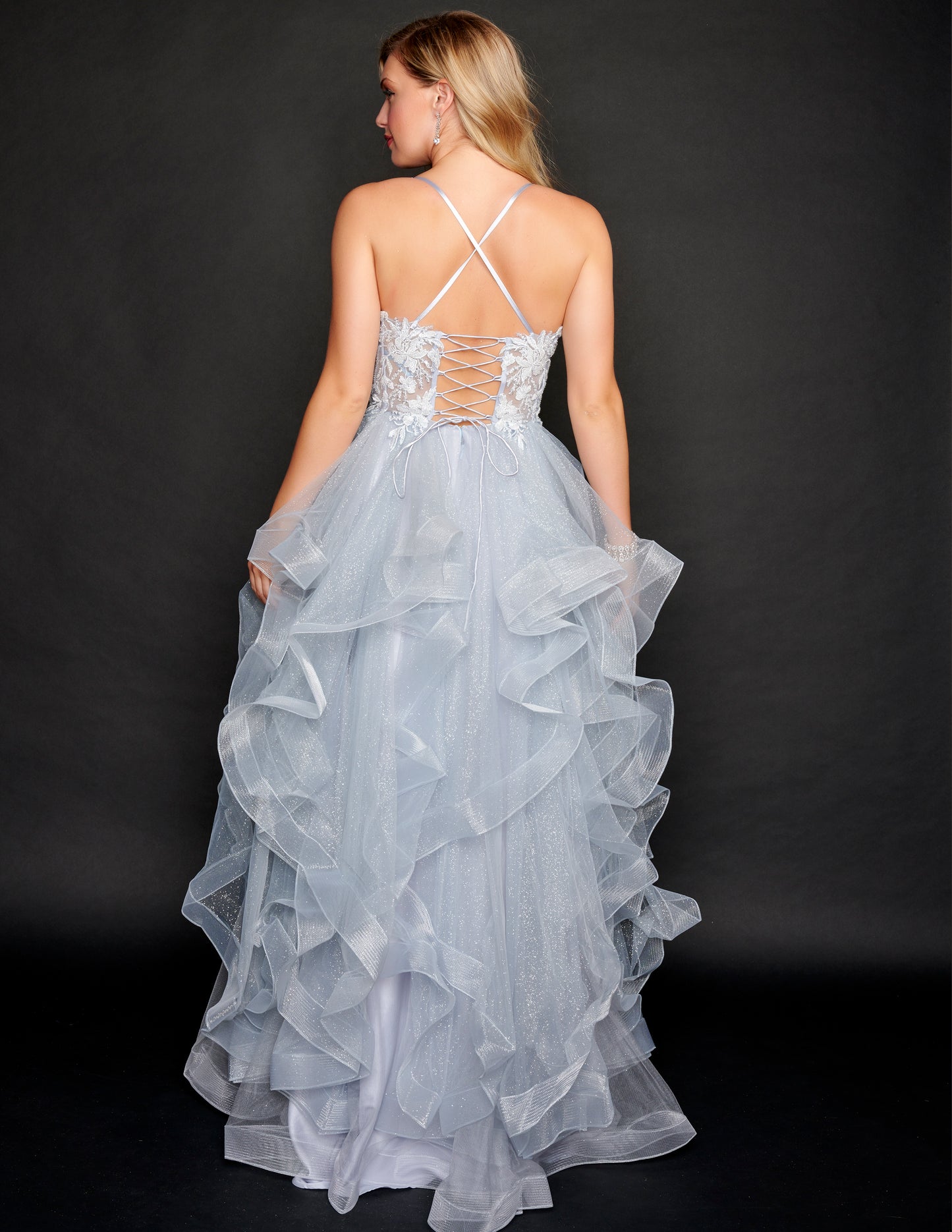 Nina Canacci 4303 Light Silver Ruffled Prom Dress Ballgown V neckline sparkle corset back lace