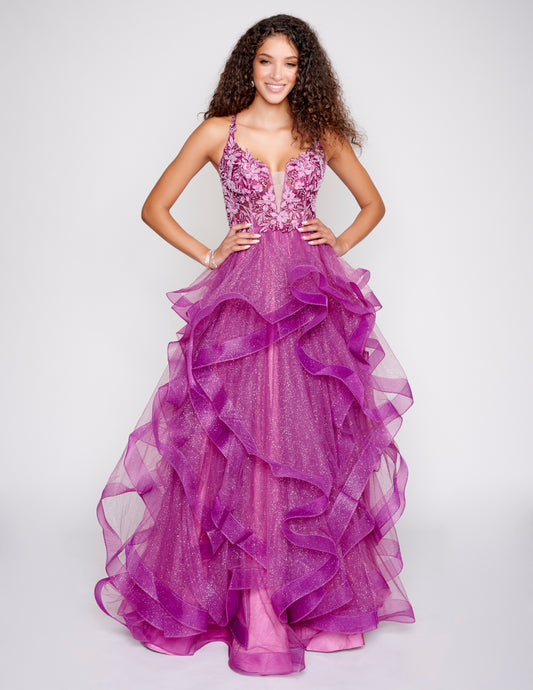 Nina Canacci 4303  Ruffled Raspberry Prom Dress Ballgown V neckline sparkle corset back lace