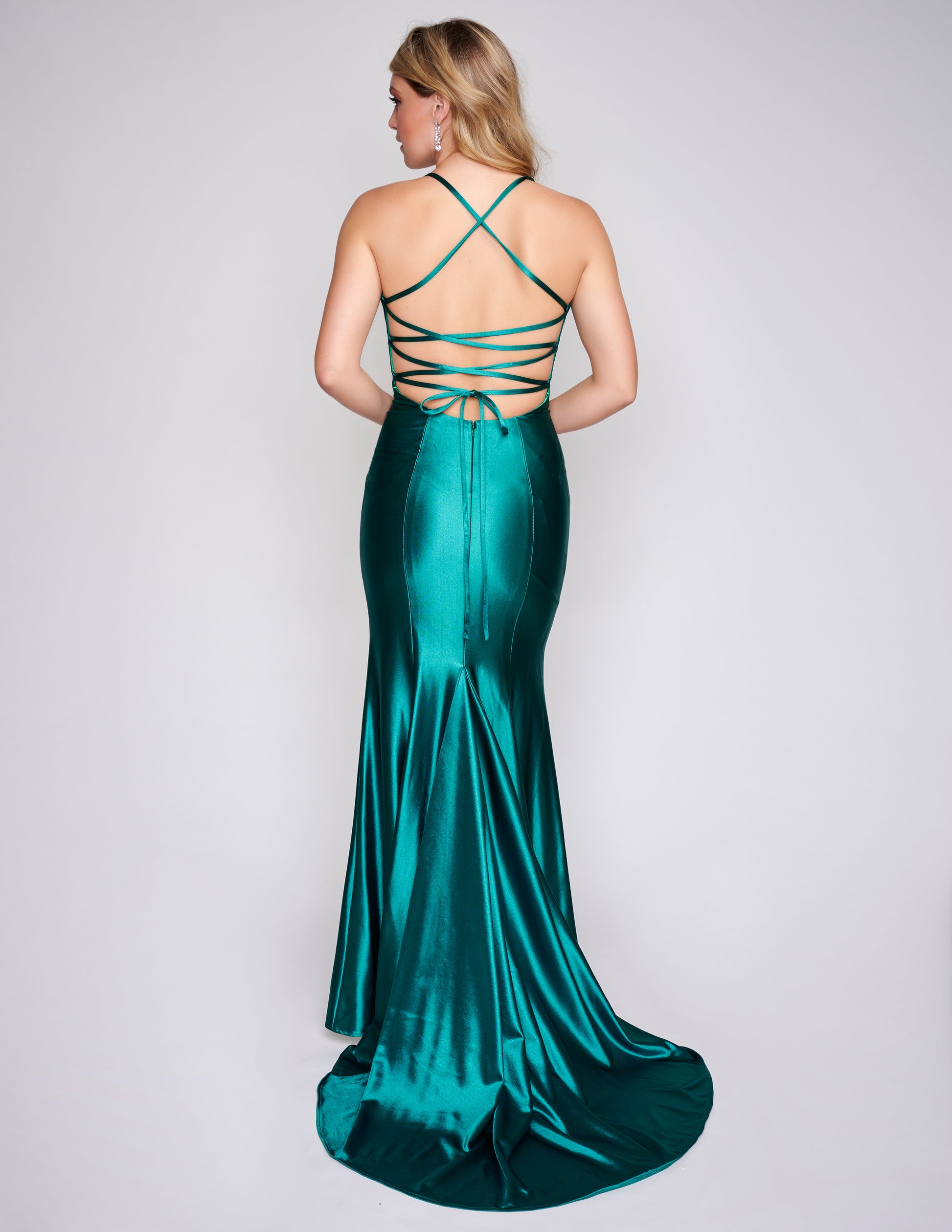 Nina Canacci 6575 Smooth fitting fit and flare Prom Dress with a corset open back and a train