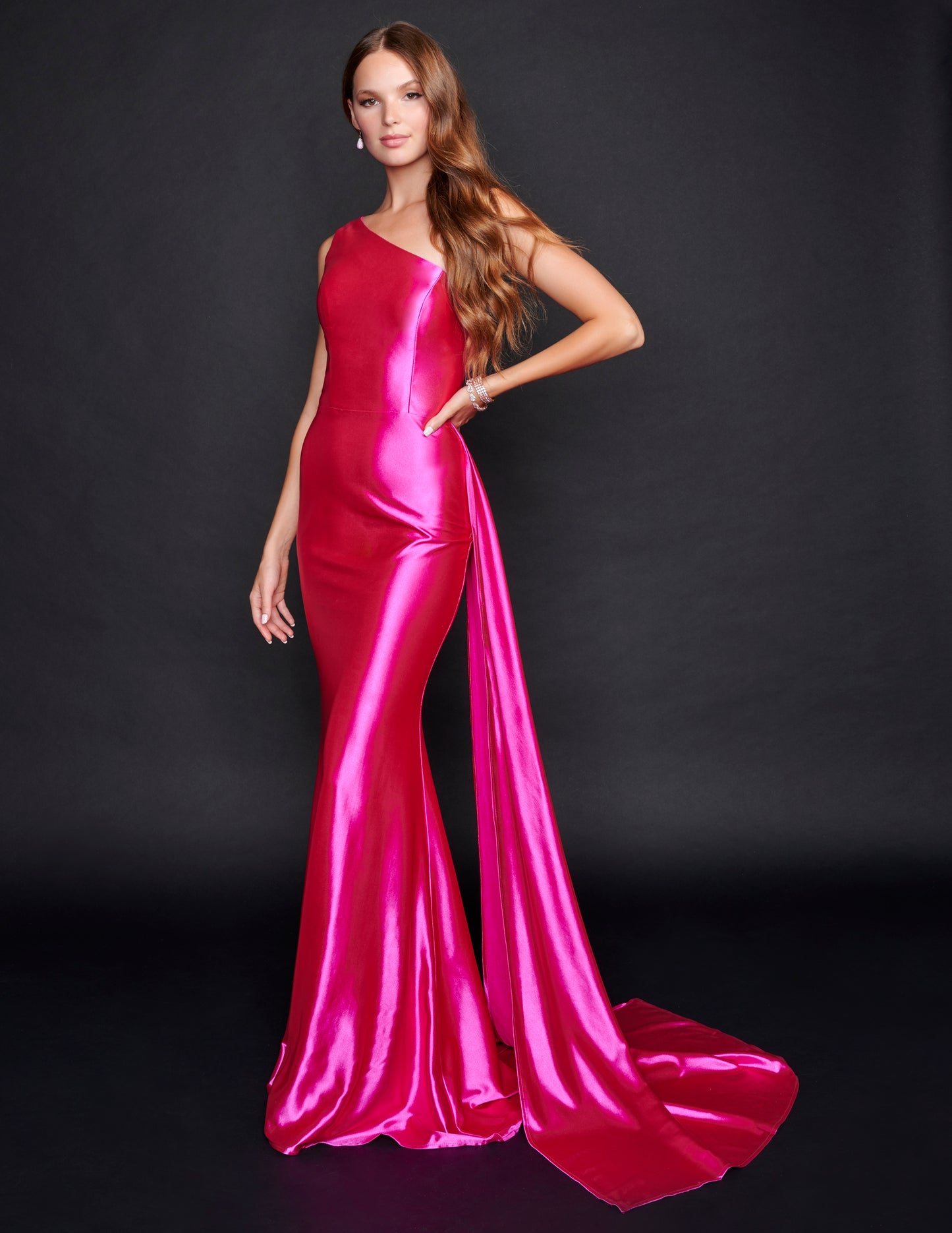 Nina Canacci 6582 One Shoulder Prom Dress with Sash on the left back of the dress.  Great Pageant Gown