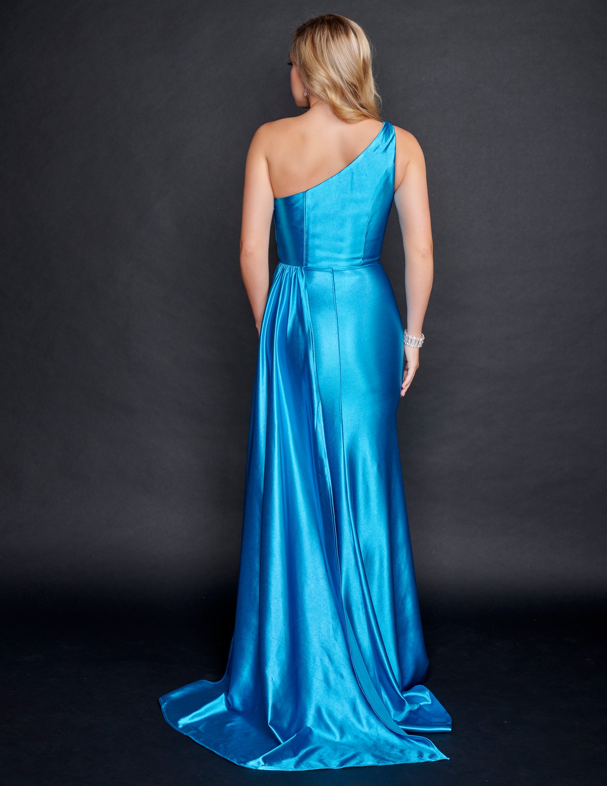 Nina Canacci 6582 One Shoulder Prom Dress with Sash on the left back of the dress.  Great Pageant Gown