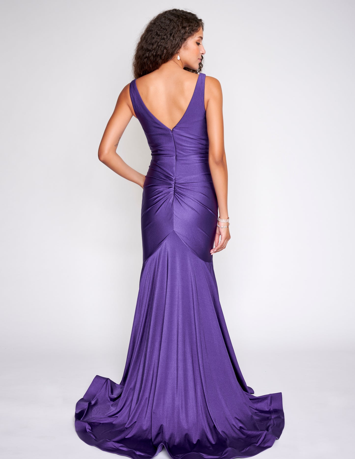 Nina Canacci 7503 Ruched Waistline Long Evening Gown in a criss cross fashion with wide straps and a v neckline