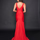 Nina Canacci 7503 Ruched Waistline Long Evening Gown in a criss cross fashion with wide straps and a v neckline