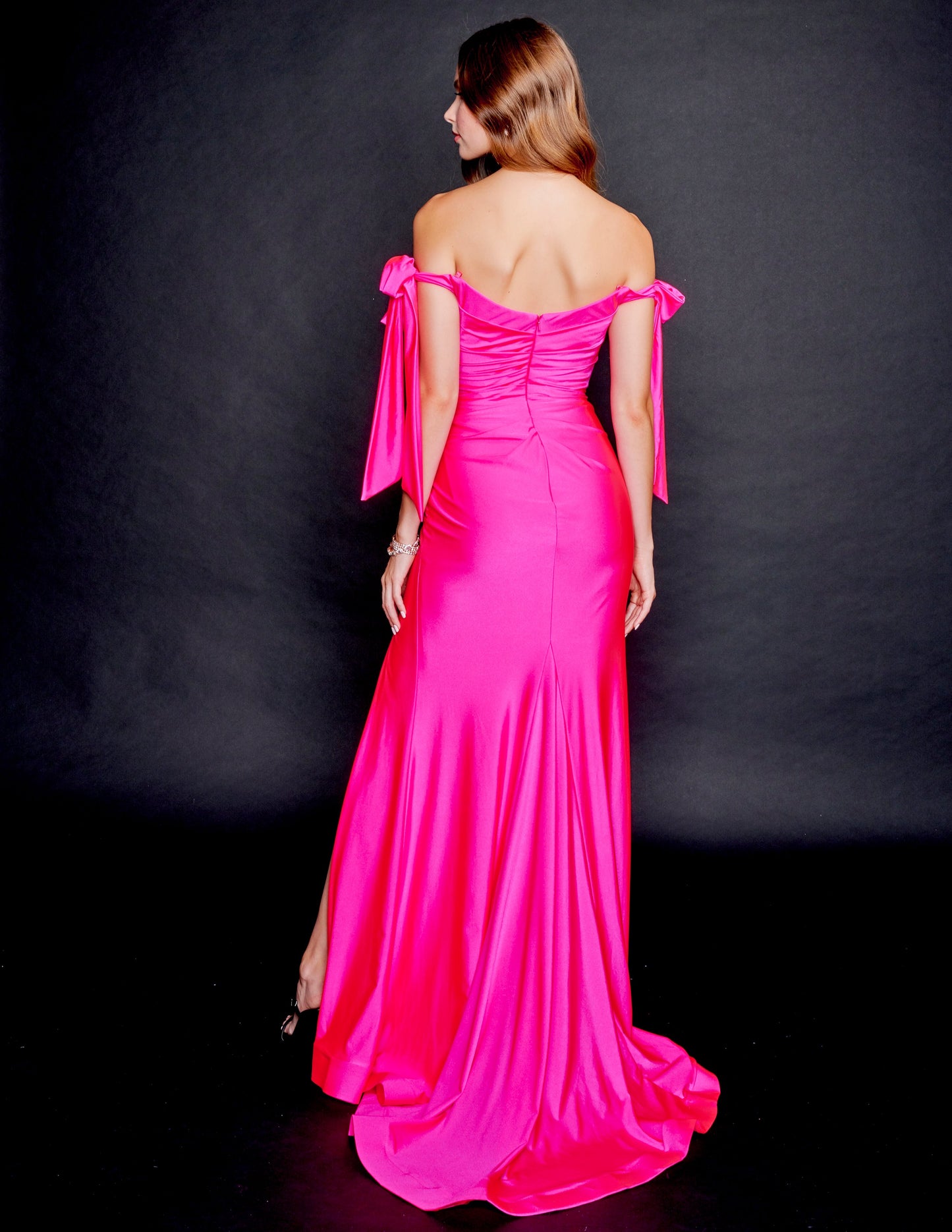 Nina Canacci 7504 Off the Shoulder Tie Straps Long Prom, Pageant and Evening Dress with sweetheart neckline and a slit
