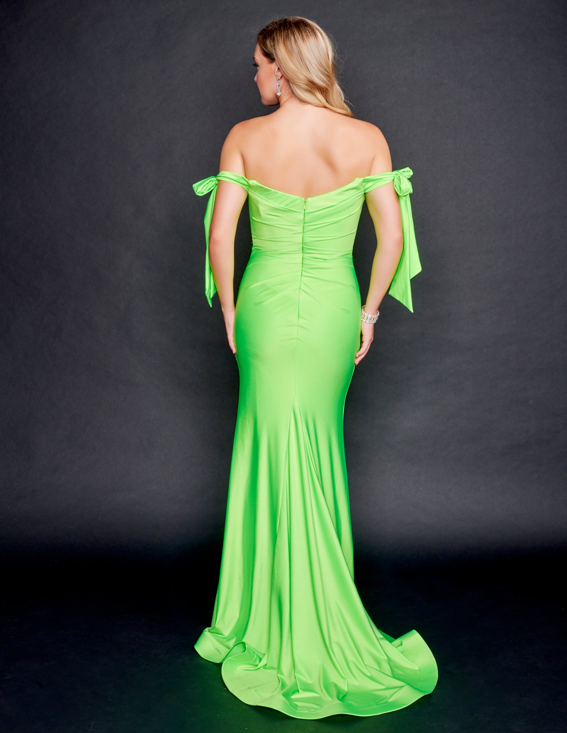 Nina Canacci 7504 Off the Shoulder Tie Straps Long Prom, Pageant and Evening Dress with sweetheart neckline and a slit