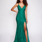 Nina Canacci 7509 Long Lace Prom Dress with a Cutout Corset Back fit and flare style with slit emerald green