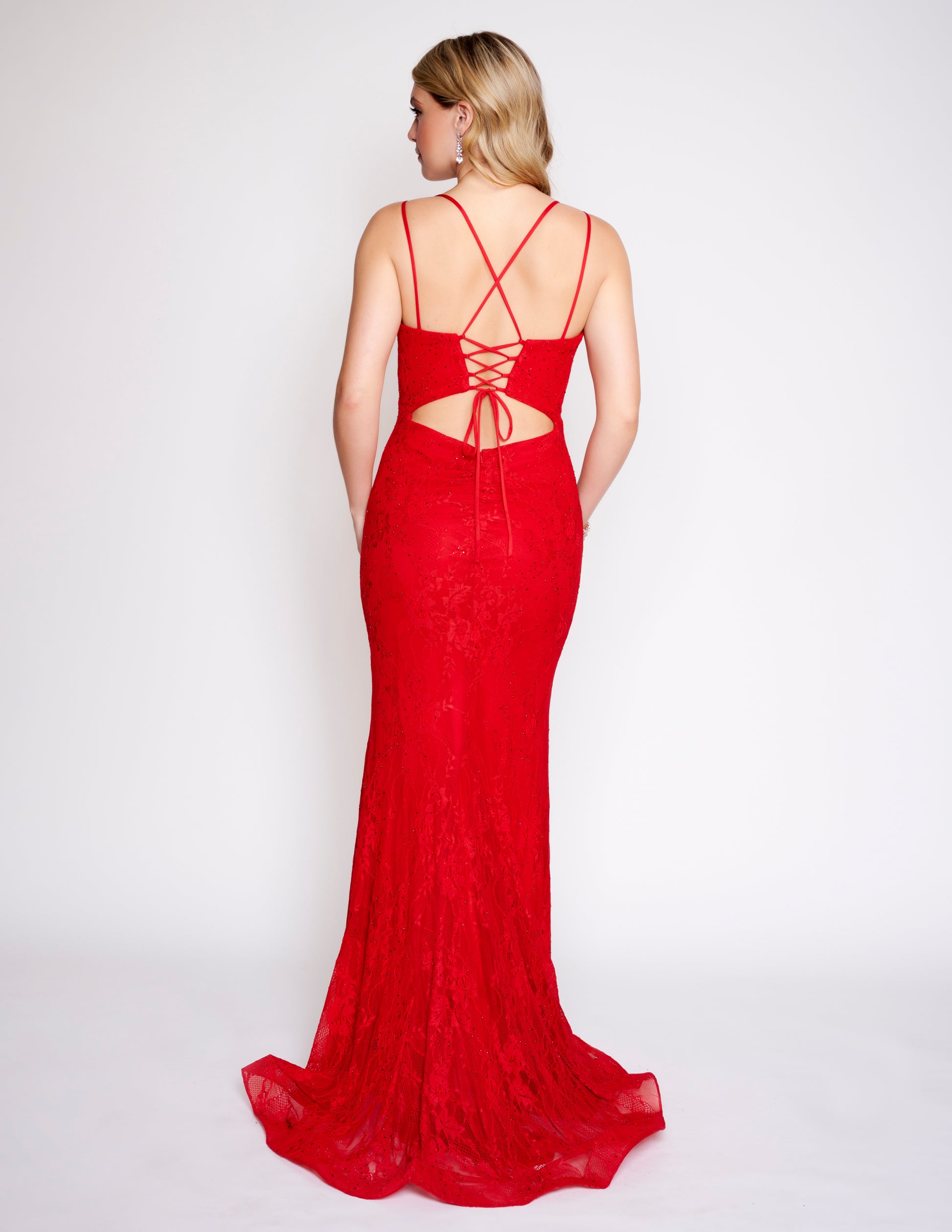 Nina Canacci 7509 Long Lace Prom Dress with a Cutout Corset Back fit and flare style with slit