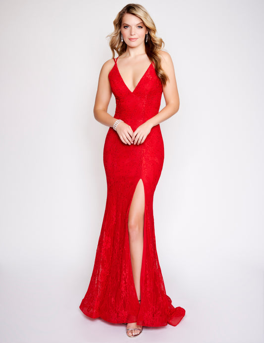 Nina Canacci 7509 Long Lace Prom Dress with a Cutout Corset Back fit and flare style with slit red