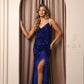 Nox Anabel R1059 Long Prom Dress.  This is an amazing evening gown made of stretch velvet sequins with a v neckline and cutout corset back.  What makes this dress so special is the slit is trimmed with feathers.  Knock them out at your next formal event.  Available colors:  Black, Royal, White