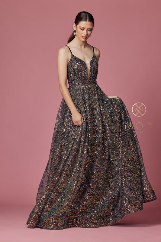 Nox Anabel R1030 Sequin A Line Formal Ballgown V Neck Prom Pageant Dress SEQUIN CHIFFON BALLGOWN WITH DEEP V NECKLINE ZIPPER ON THE BACK  Available Sizes: 2-16  Available Colors: Black/Multi