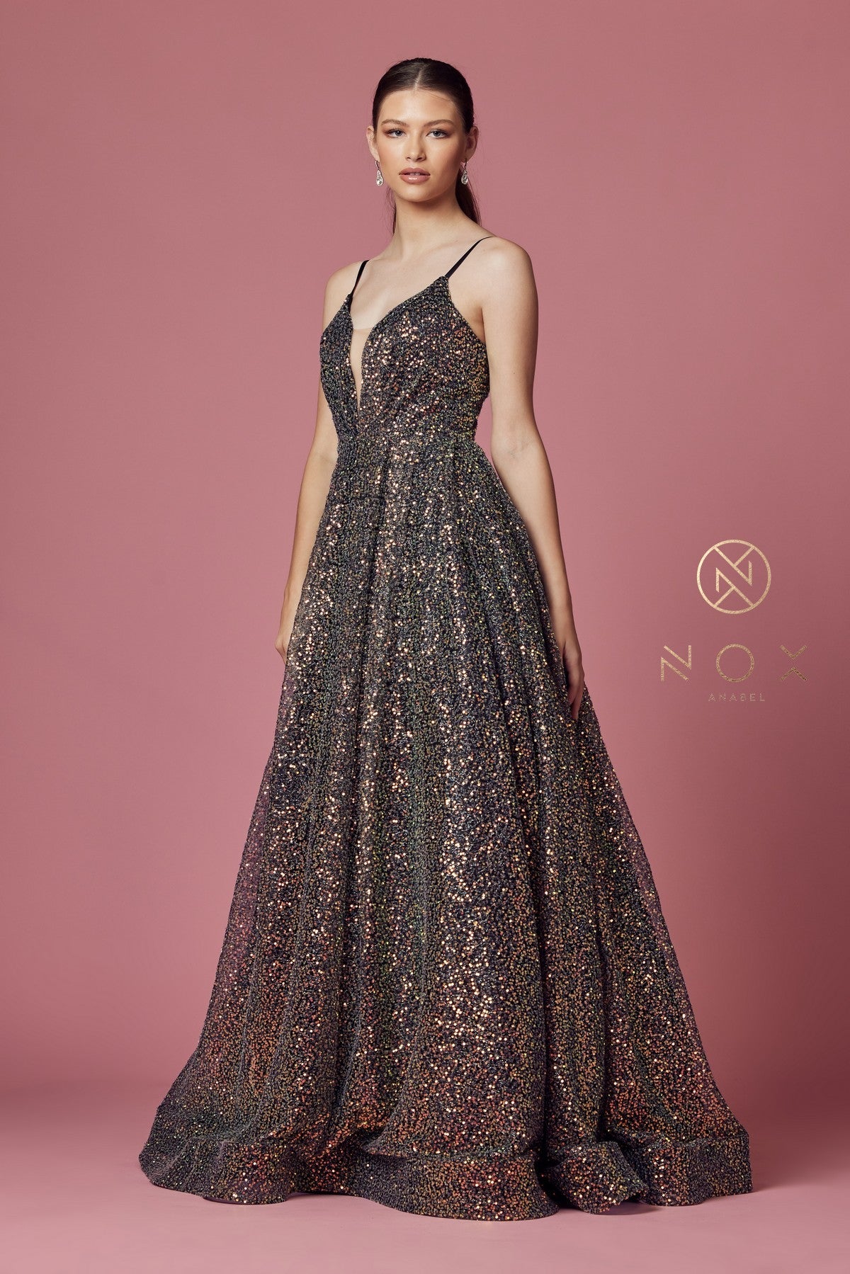 Nox Anabel R1030 Sequin A Line Formal Ballgown V Neck Prom Pageant Dress SEQUIN CHIFFON BALLGOWN WITH DEEP V NECKLINE ZIPPER ON THE BACK  Available Sizes: 2-16  Available Colors: Black/Multi