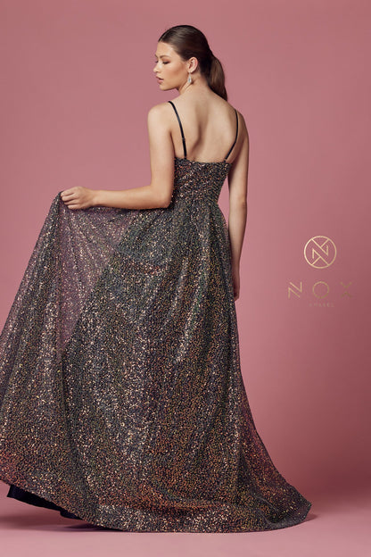 Nox Anabel R1030 Sequin A Line Formal Ballgown V Neck Prom Pageant Dress SEQUIN CHIFFON BALLGOWN WITH DEEP V NECKLINE ZIPPER ON THE BACK  Available Sizes: 2-16  Available Colors: Black/Multi