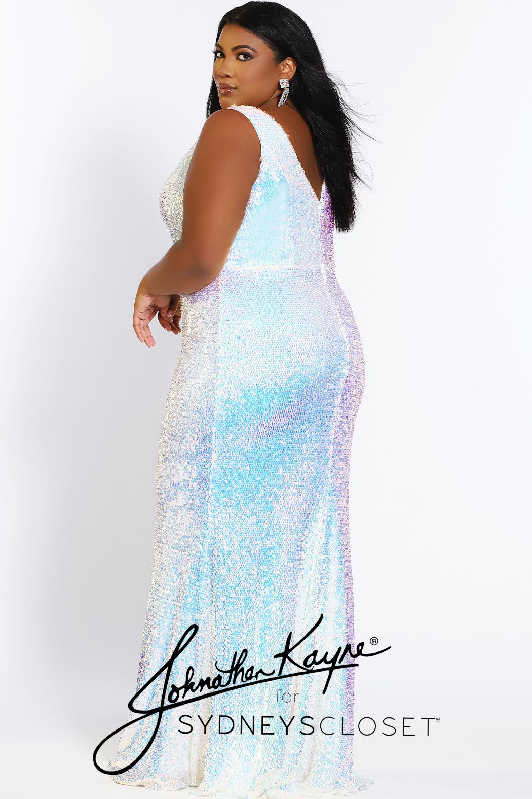 Johnathan Kayne for Sydney's Closet JK 2109 Aurora fitted plus sized sequin mermaid prom dress with shoulder capes.  The flowy scarves on this pageant gown are detachable.  This long evening gown has a plunging v neckline with a mesh panel.   JK2109