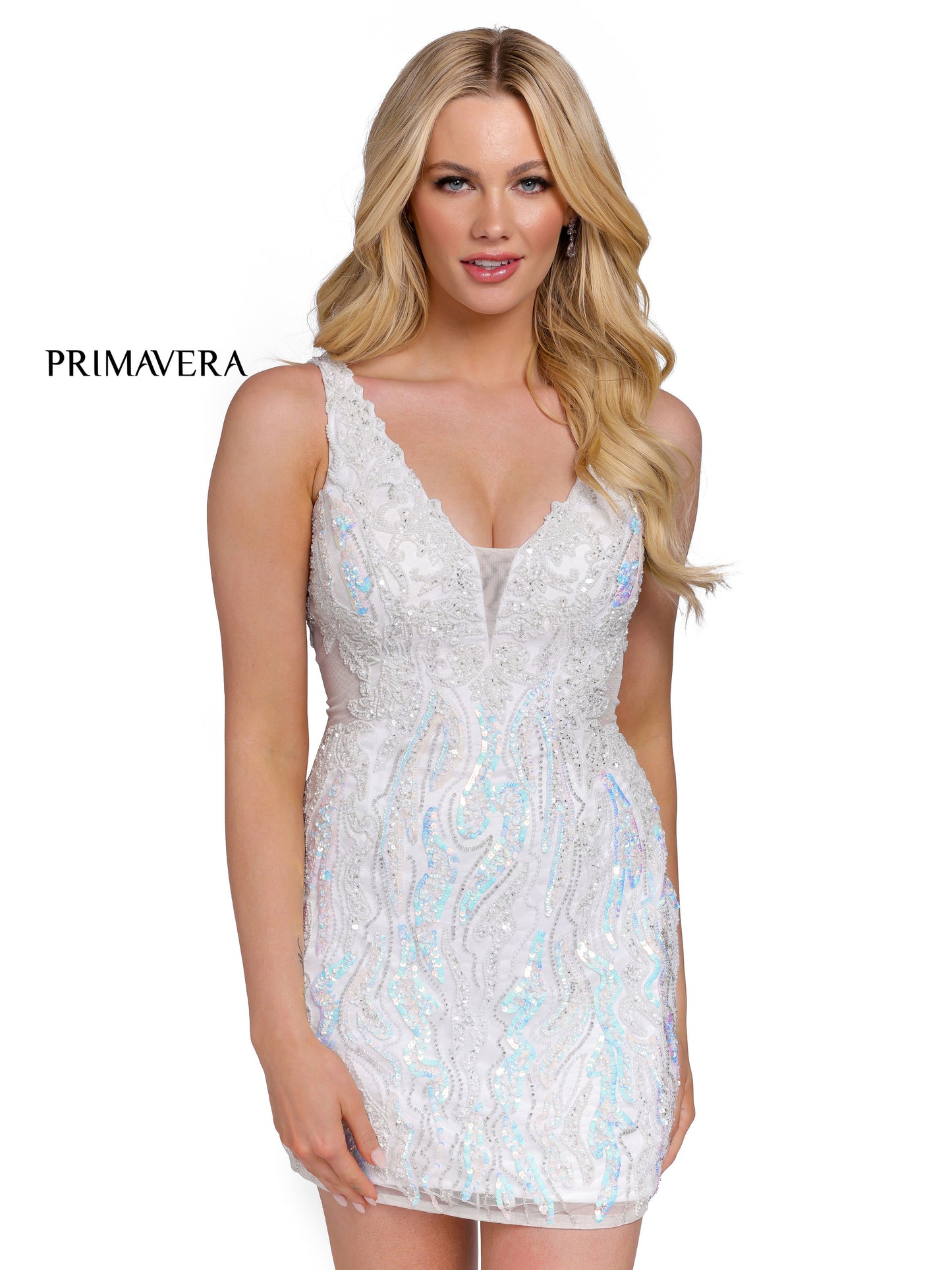 Primavera Couture 3822 Short 2022 Homecoming Dress Fitted Sequin Cocktail Dress  Available Color- Ivory  Available Size: 2