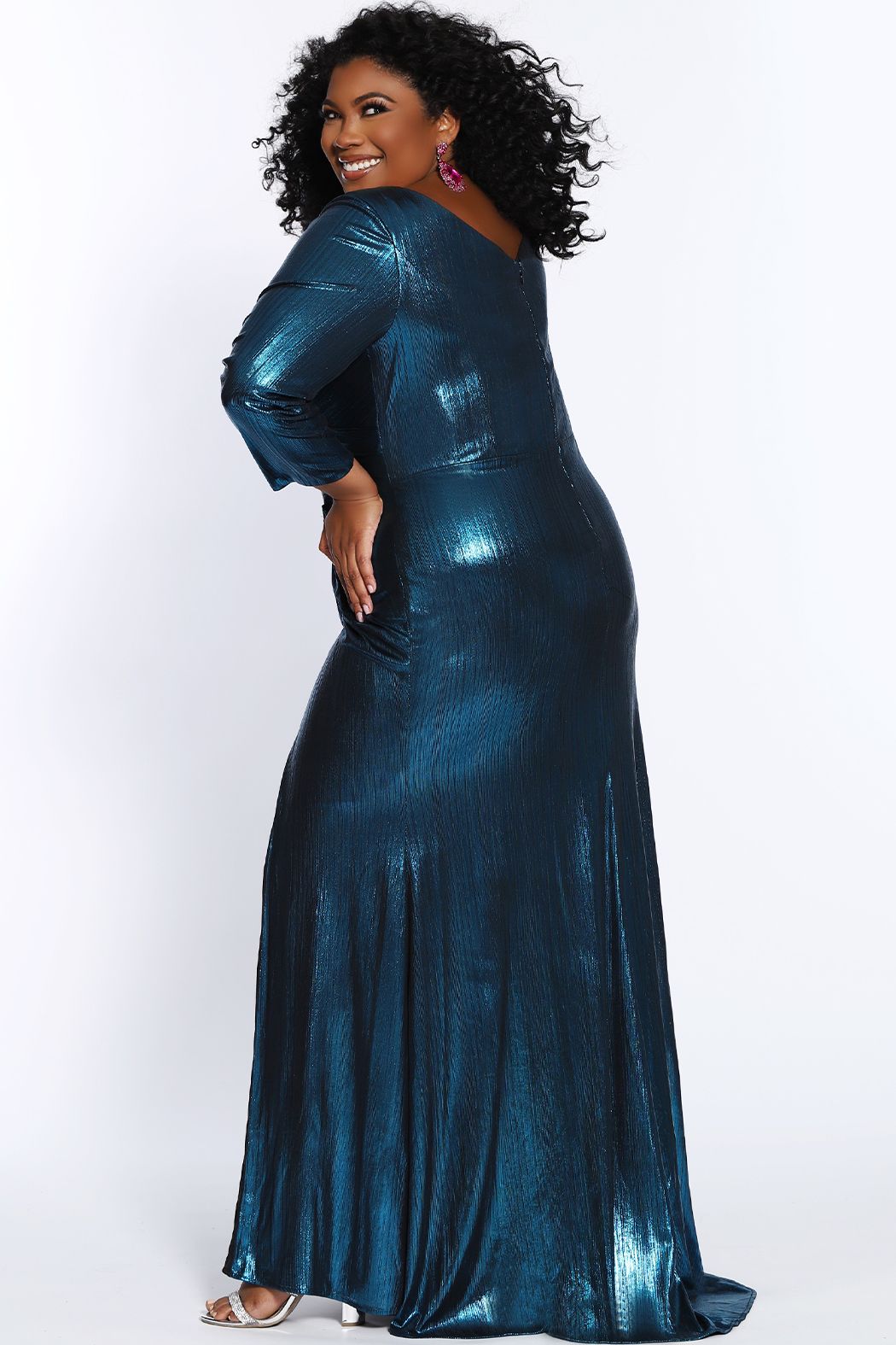Sydney's Closet CE2015 Metallic Evening Dress Plus Sized Long Sleeves Slit CE 2015