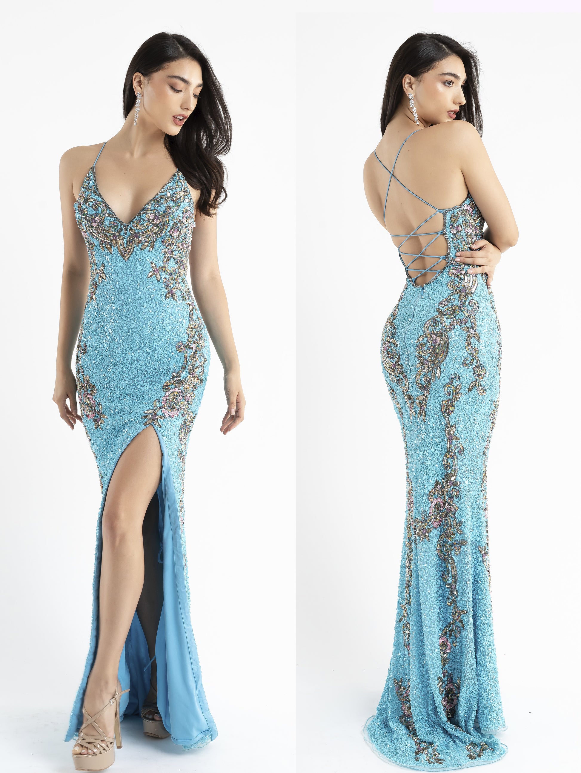 Primavera Couture 3211 Size 6 Turquoise Sequin Prom Dress Pageant Gown Evening Formal Wear Side Slit Primavera Couture 3211 Size 6 Turquoise Sequin Prom Dress Pageant Gown Evening Formal Wear Side Slit