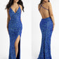 Primavera Couture 3291 sz. 2 , 4 Blue Prom Dress Sequins V Neckline Fitted Side Slit Backless