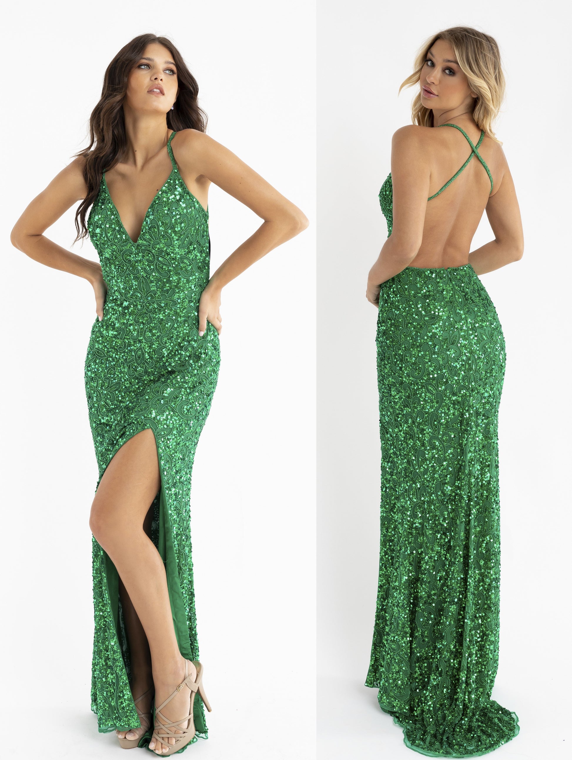 PRIMAVERA-COUTURE-3295-EMERALD-GREEN-FRONT-V-NECKLINE-BACKLESS-SLIT-ALL-SEQUINS-BEADED-DESIGNPrimavera Couture 3295 Exclusive  Prom Dress, Formal Evening Gown.  This exclusive prom dress is designed with sequins throughout.  I has a V neckline with beaded spaghetti straps that crisscross in the open back.  It is long with a left side slit.  Available Colors:  FUSHIA,CREAM,EMERALD,IVORY,PEACOCK,BLACK,MIDNIGHT,NEON LILAC,NEON PINK,FORREST GREEN,PURPLE,TURQUOISE,CORAL,BLUE,RED,LIGHT BLUE,NEON SAGE