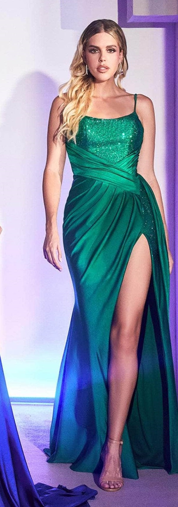 LaDivine CD0201 Size 0 Emerald Long Fitted Jersey Wrap Overskirt Prom Dress Pageant Gown Rhinestone Slit