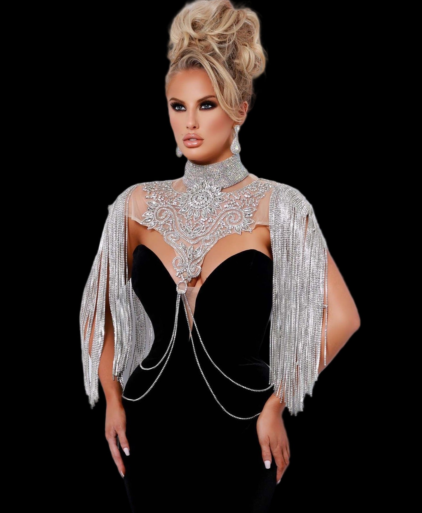 Johnathan Kayne 2468 Finish every look to perfection with this crystal choker. The crystal collar and diamond chain fringe gives this topper a fashion flare. Add to any dress desired for added bling.&nbsp;

Available color:&nbsp;&nbsp;Black/Clear (Black netting Clear Crystals - Nude netting shown in picture)

Available sizes:&nbsp;&nbsp;2, 8