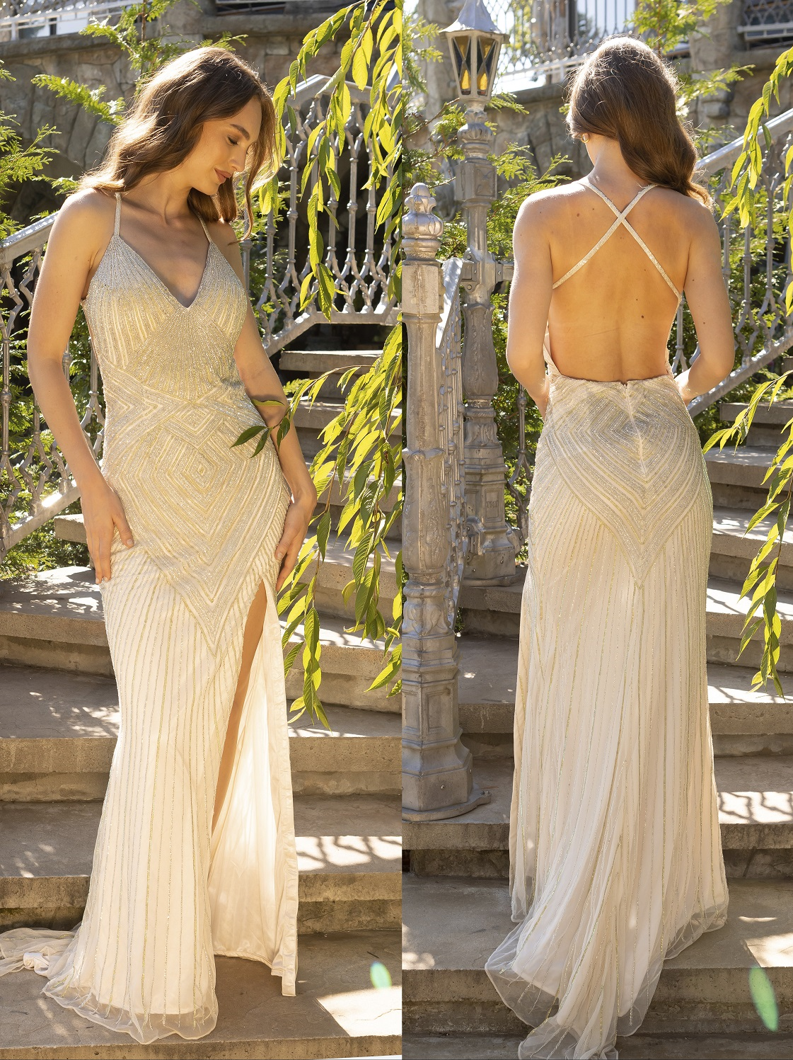 Primavera Couture 12067 Step out in this extravagant evening gown by Primavera Couture's New Couture Line.  It has multidimensional shimmery stone in patterns that catch the light like crazy.  It has a v neckline and a slit.