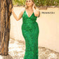Primavera Couture 14001 Emerald Green Curvy Prom, Pageant and Formal Dress.  This is an all sequins plus gown with a v neckline with rows of horizontal beading at the waistline to define the waist and show your curves. 