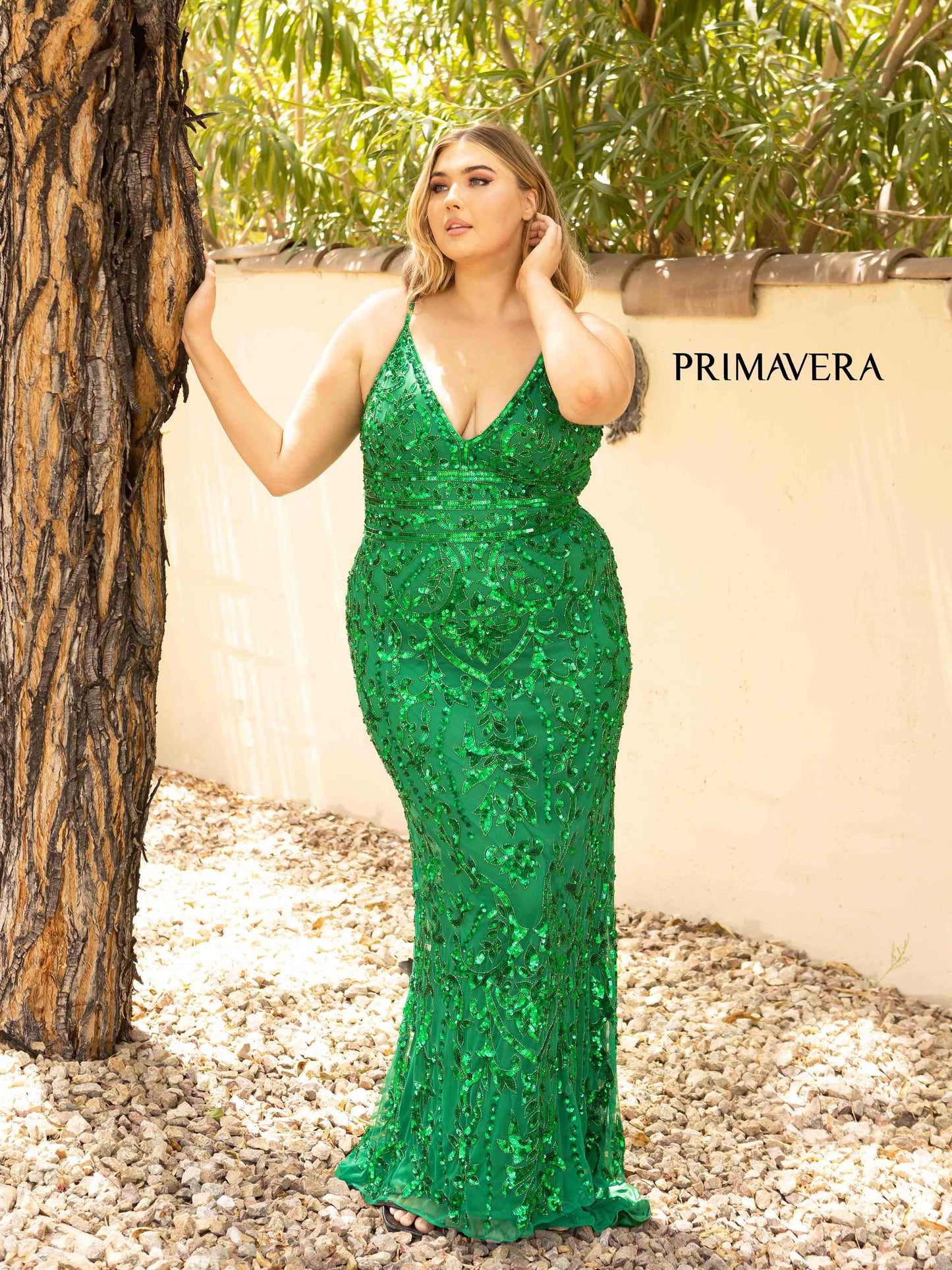 Primavera Couture 14001 Emerald Green Curvy Prom, Pageant and Formal Dress.  This is an all sequins plus gown with a v neckline with rows of horizontal beading at the waistline to define the waist and show your curves. 