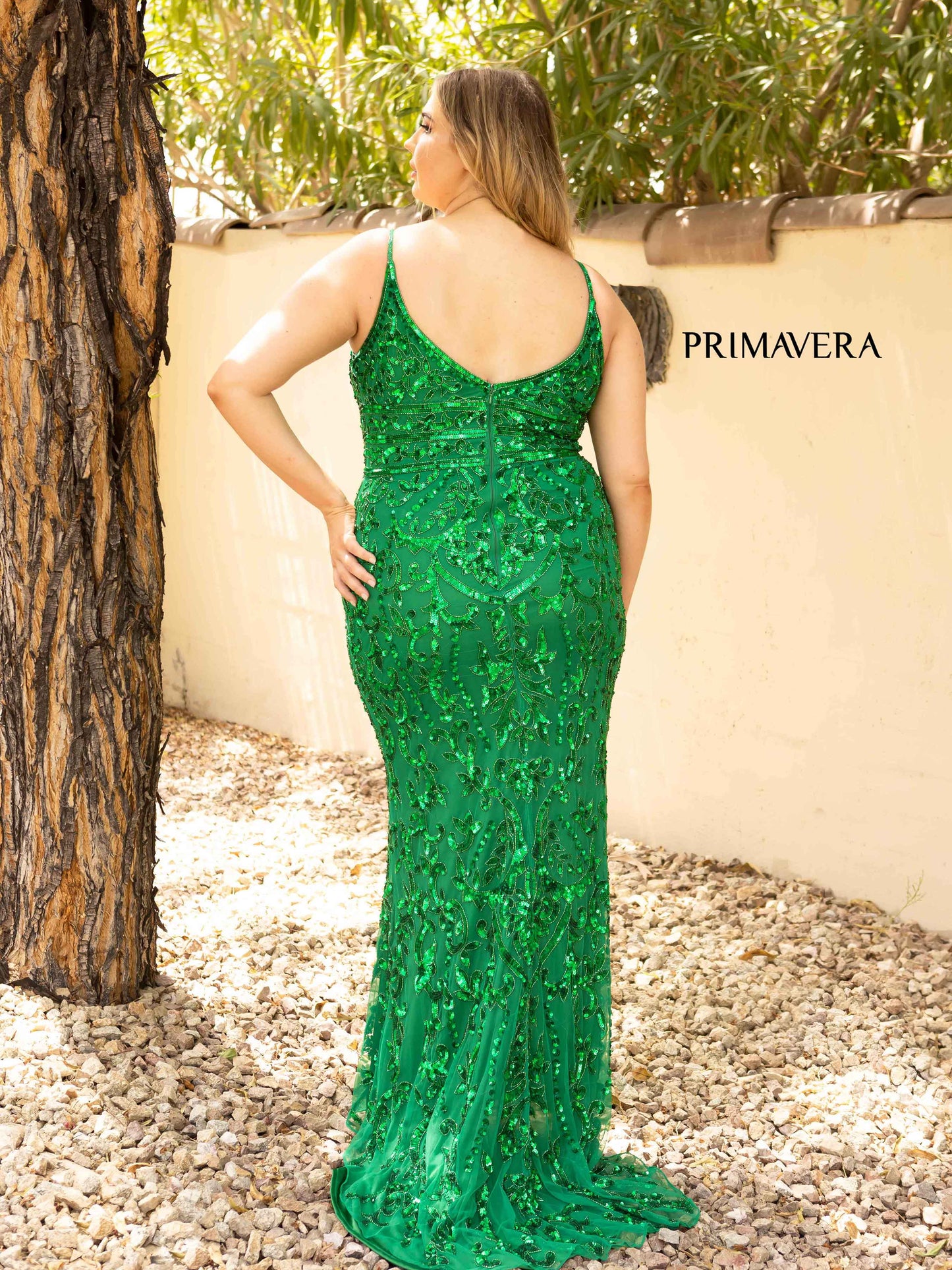 Primavera Couture 14001 Curvy Prom, Pageant and Formal Dress.  This is an all sequins plus gown with a v neckline with rows of horizontal beading at the waistline to define the waist and show your curves.