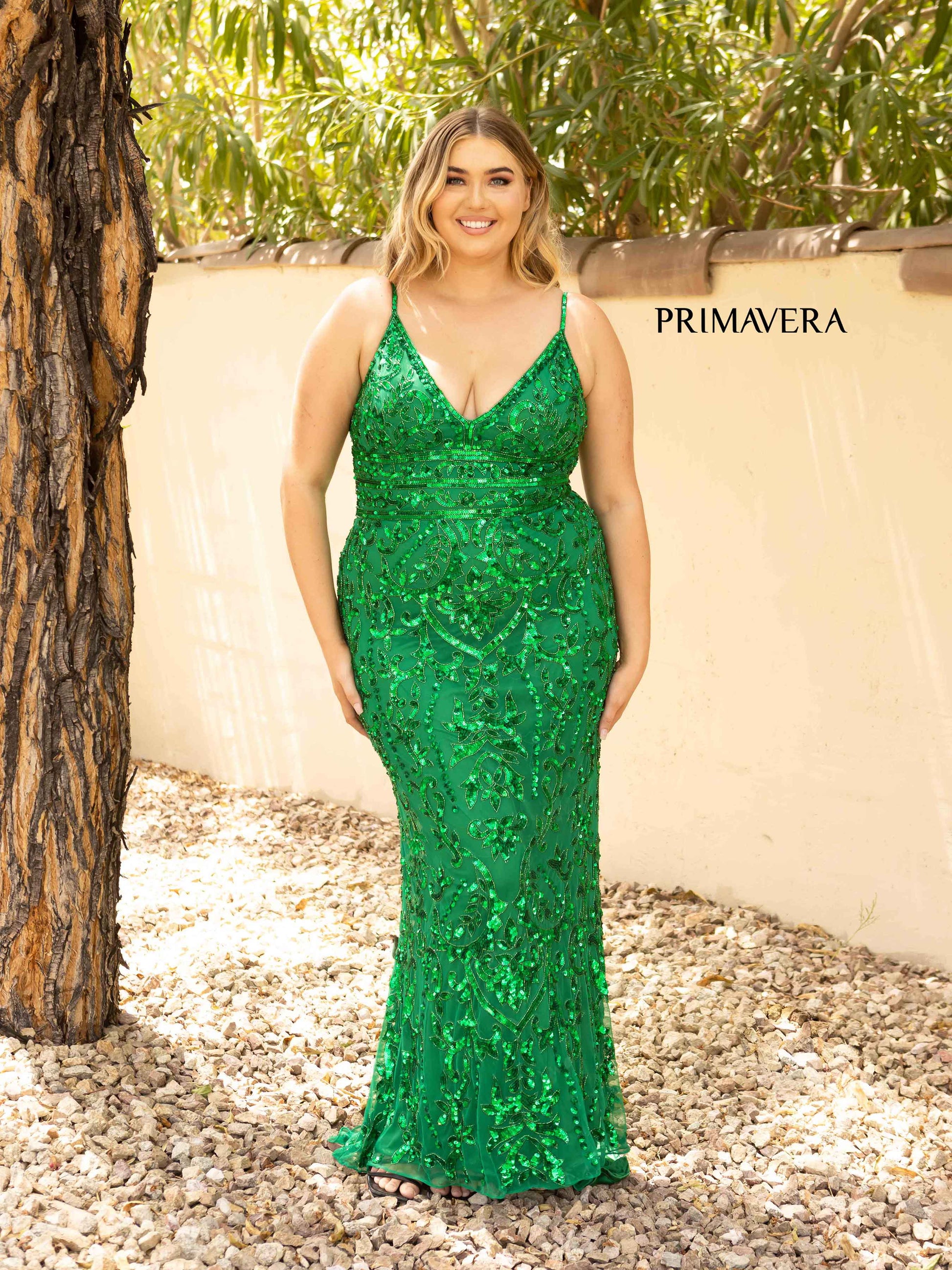 Primavera Couture 14001 Curvy Prom, Pageant and Formal Dress.  This is an all sequins plus gown with a v neckline with rows of horizontal beading at the waistline to define the waist and show your curves. emerald green